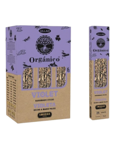 Varillas de incienso natural violeta Ullas, hechas a mano con esencia floral, ideales para relajación y equilibrio.