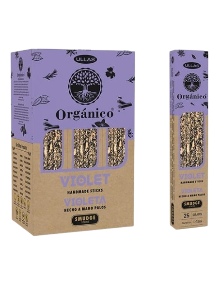 Varillas de incienso natural violeta Ullas, hechas a mano con esencia floral, ideales para relajación y equilibrio.